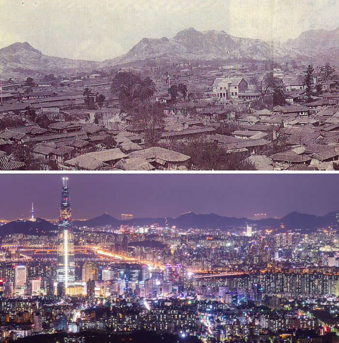 Vista antes y ahora de una ciudad mostrando el contraste en fotos alucinantes que reflejan que el tiempo no espera.