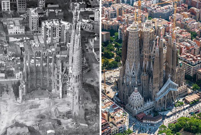 Vista aérea antes y ahora de la Sagrada Familia mostrando fotos de antes y después con cambios impresionantes en la ciudad.