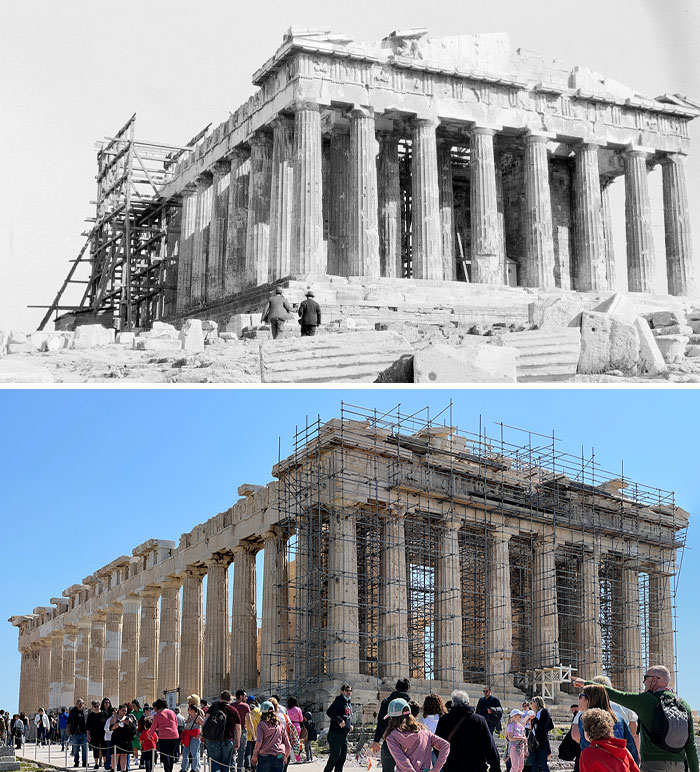 Fotos antes y ahora del Partenón en Grecia, mostrando el paso del tiempo y las restauraciones actuales con muchos visitantes.