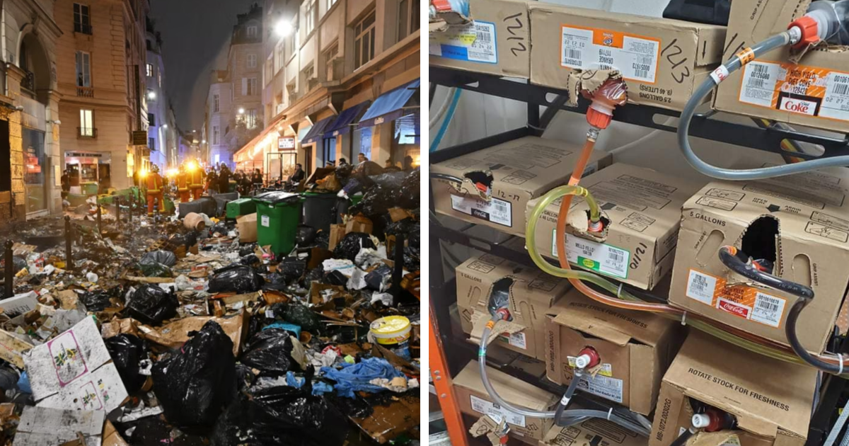 Calle llena de basura apilada y cajas conectadas con tubos mostrando una perspectiva curiosa y diferente.