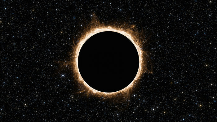 Eclipse solar total mostrando la corona brillante y fondo estrellado, simbolizando 25 personas que descubren pareja idiota.