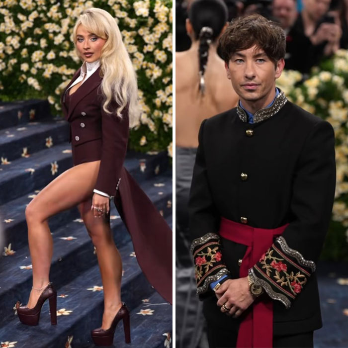 Mujer y hombre con atuendos elegantes posando en la alfombra roja en momentos incómodos durante la Gala Met 2025.
