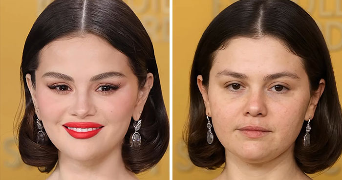 Comparación lado a lado de una mujer de Hollywood con y sin maquillaje, mostrando su aspecto natural sin procedimientos cosméticos.