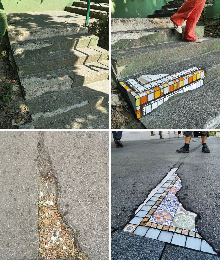 Escaleras y baches reparados con mosaicos coloridos, soluciones geniales a problemas habituales en la calle.