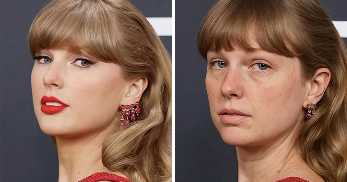 Comparativa lado a lado de mujer famosa de Hollywood con y sin maquillaje para mostrar belleza natural sin procedimientos cosméticos.