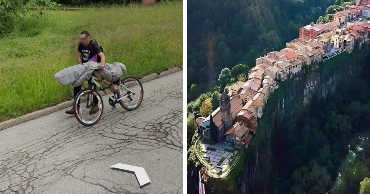 Hombre con bicicleta y pueblo pintoresco al borde de un acantilado, lugares misteriosos encontrados en Google Earth.