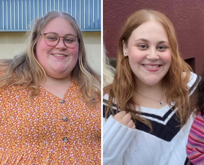 Mujer con cambio de apariencia sonriendo en dos fotos comparativas mostrando pequeños cambios de estilo y peinado.