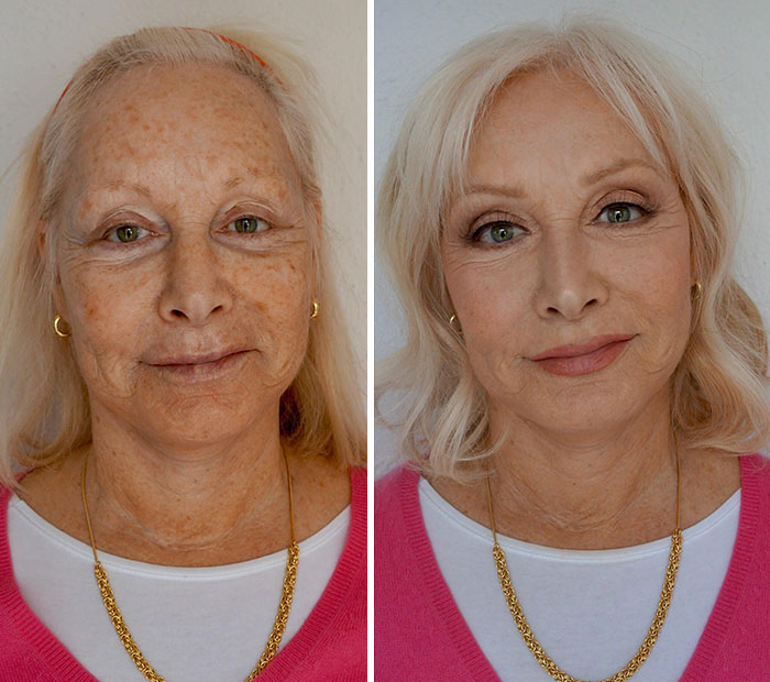 Mujer mayor mostrando pequeños cambios de apariencia que marcaron la diferencia en su rostro y piel con maquillaje y cuidado.
