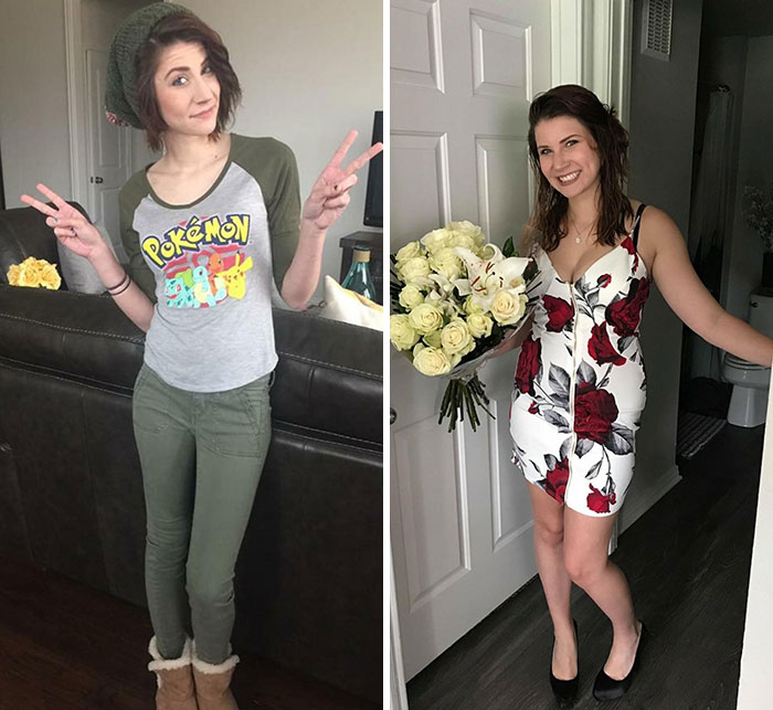 Mujer mostrando pequeños cambios de apariencia que marcaron la diferencia, con ropa casual y vestido floral elegante.