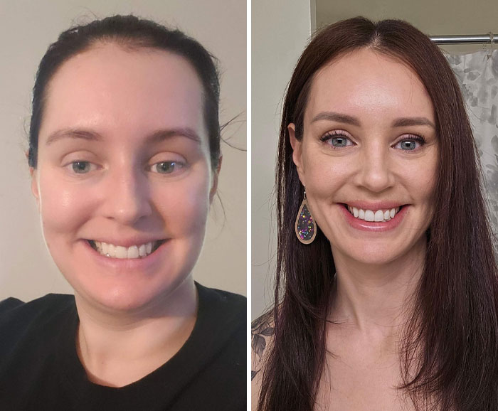 Mujer antes y después mostrando pequeños cambios de apariencia que marcaron la diferencia en su look.