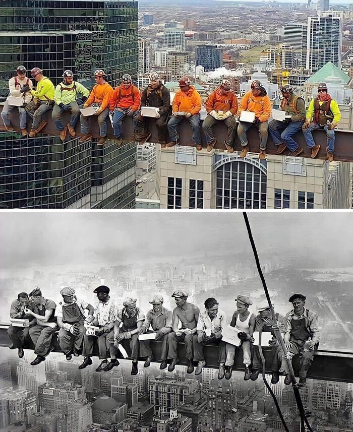 Trabajadores en construcción sentados sobre una viga alta en ciudad, reflejando diferencias de vida entre mujeres y hombres.