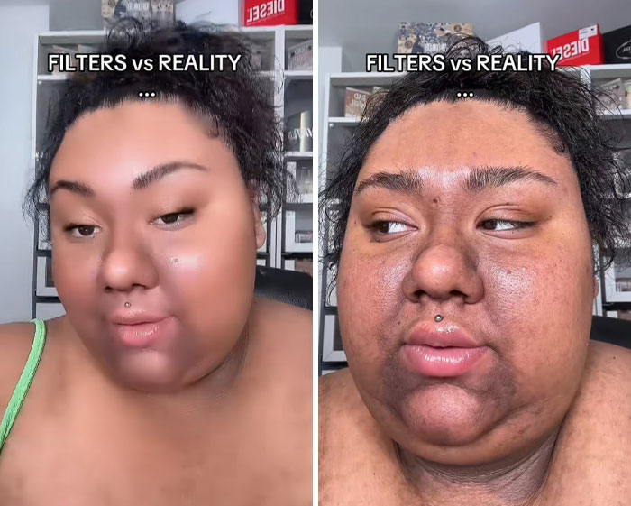 Persona mostrando comparación de filtros vs realidad, ejemplo de gente editando demasiado sus fotos en internet.