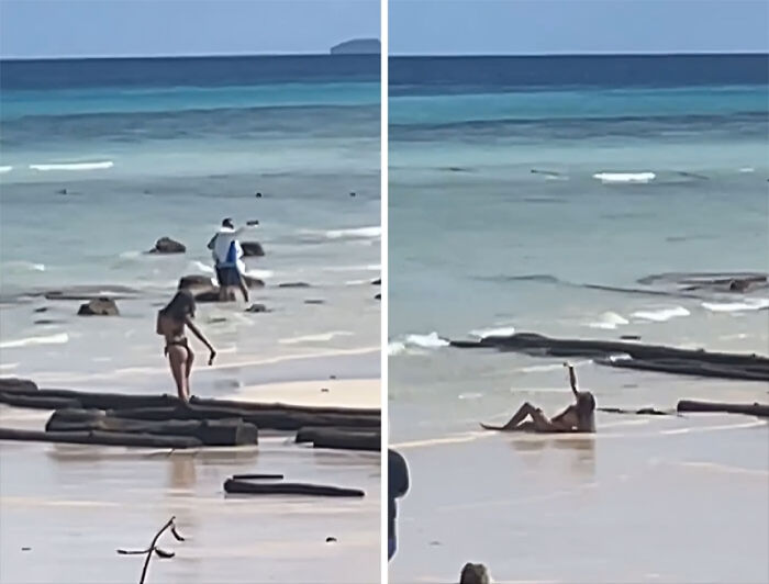 Influencers vergonzosos en la playa ignorando el sentido común y la moral frente al mar azul y arena clara.