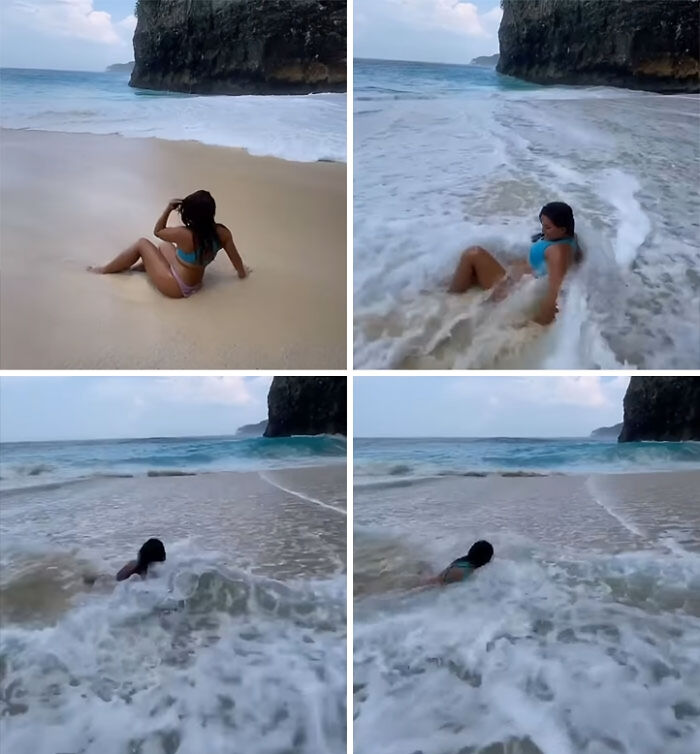 Influencer en la playa con olas fuertes, mostrando momentos vergonzosos sin sentido común ni moral en la costa.