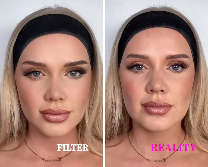 Comparación de rostro femenino con filtro y sin filtro, mostrando ejemplos de gente editando demasiado sus fotos en internet.
