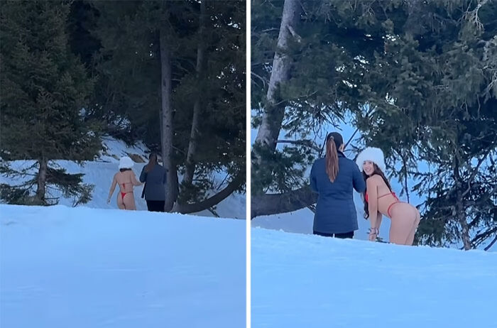 Influencers vergonzosos posando en la nieve con poca ropa y sin sentido común ni moral en un entorno de bosque invierno.