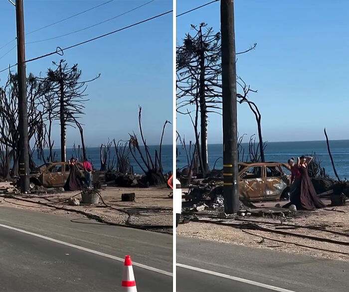 Influencers vergonzosos posando sin sentido común ni moral junto a autos quemados y paisaje destruido frente al mar.