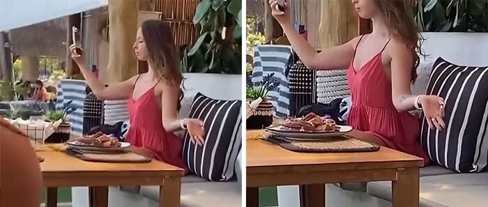 Influencer tomando selfie en restaurante, actitud despreocupada dejando de lado el sentido común y la moral.