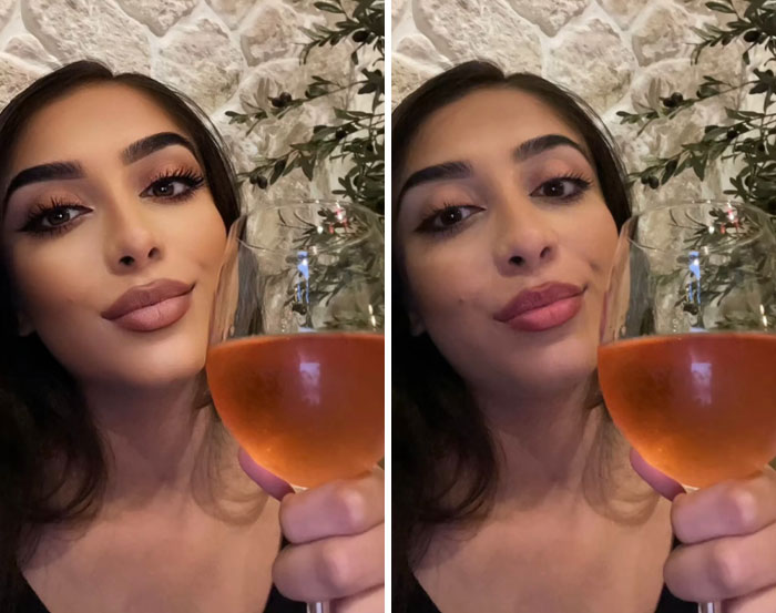 Mujer con copa de vino mostrando comparación entre foto editada y sin editar sobre ejemplos de edición excesiva en internet.
