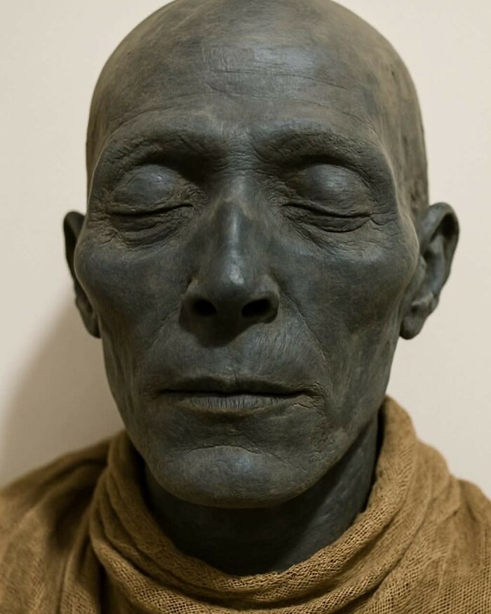 Reconstrucción facial arqueológica realista de un antiguo individuo, destacando descubrimientos arqueológicos educativos.