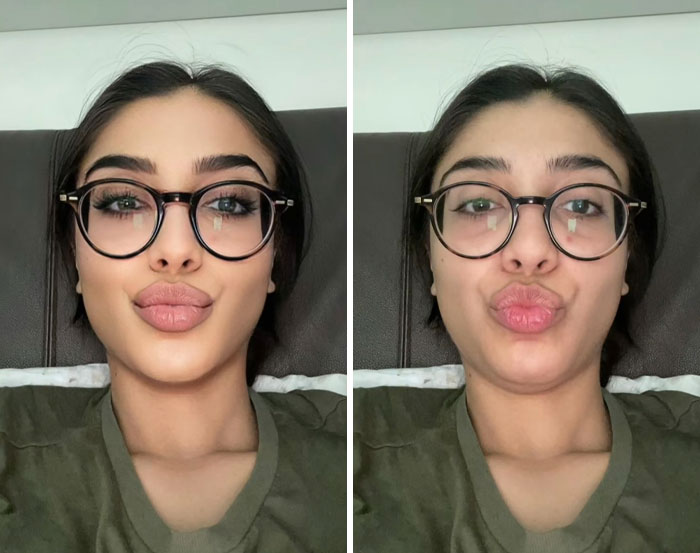 Mujer con gafas mostrando comparación de fotos con y sin edición excesiva en internet, ejemplos de edición.