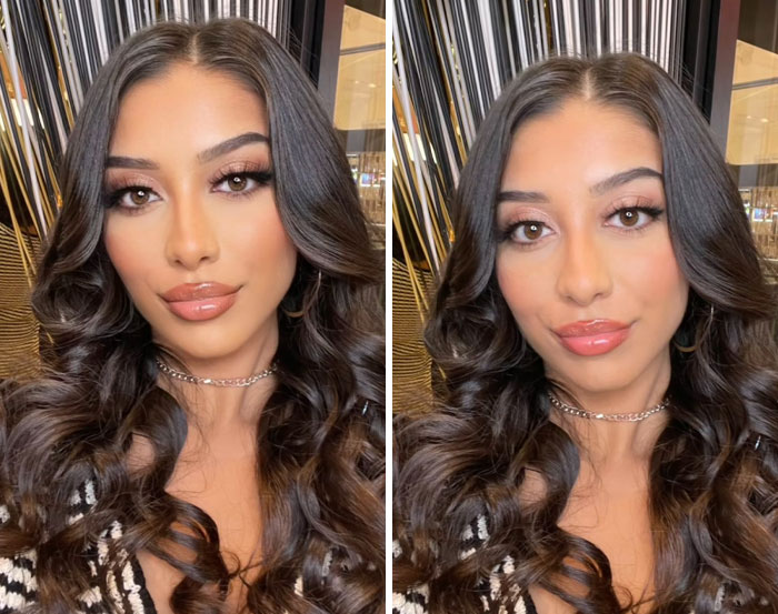 Mujer con cabello rizado mostrando diferencias por edición excesiva en sus fotos, ejemplos de gente editando demasiado.
