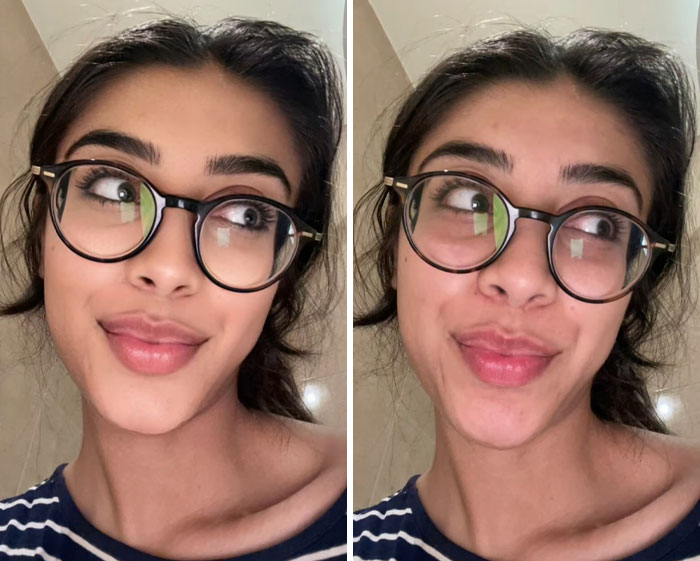 Mujer con gafas mostrando comparación de edición excesiva en sus fotos, destacando errores comunes en internet.