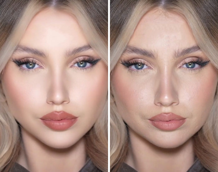 Comparación de rostro femenino con y sin edición visible, mostrando ejemplos de gente editando demasiado sus fotos en internet.