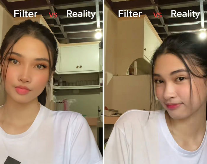Comparación de mujer joven con edición exagerada versus realidad mostrando ejemplos de editar demasiado fotos en internet.