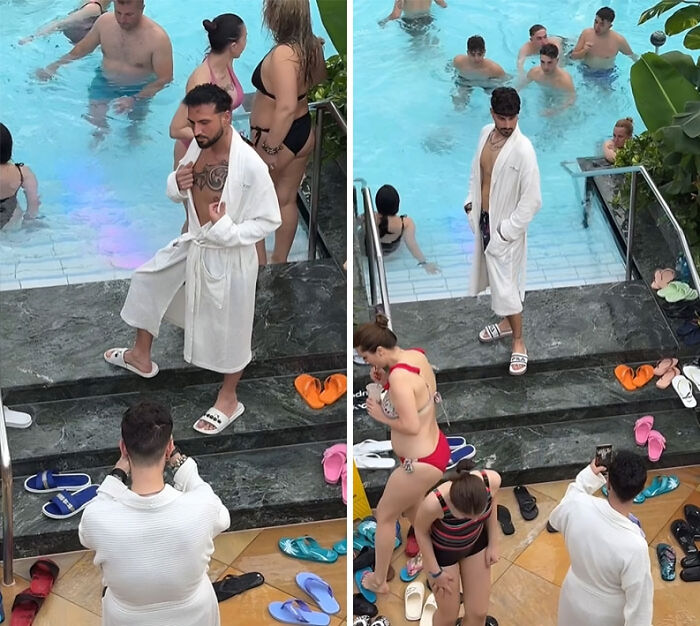 Hombres en bata posando en piscina rodeados de personas, mostrando influencers vergonzosos sin sentido común ni moral.