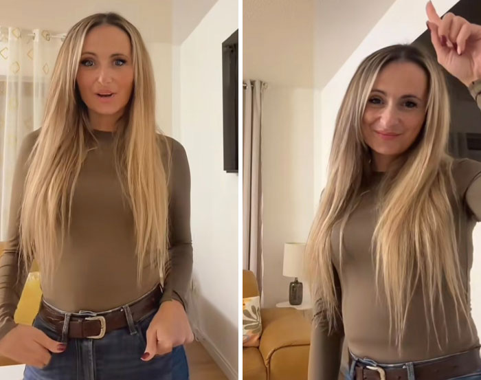 Mujer con cabello rubio largo y suéter marrón en interiores mostrando ejemplos de gente editando demasiado sus fotos en internet.