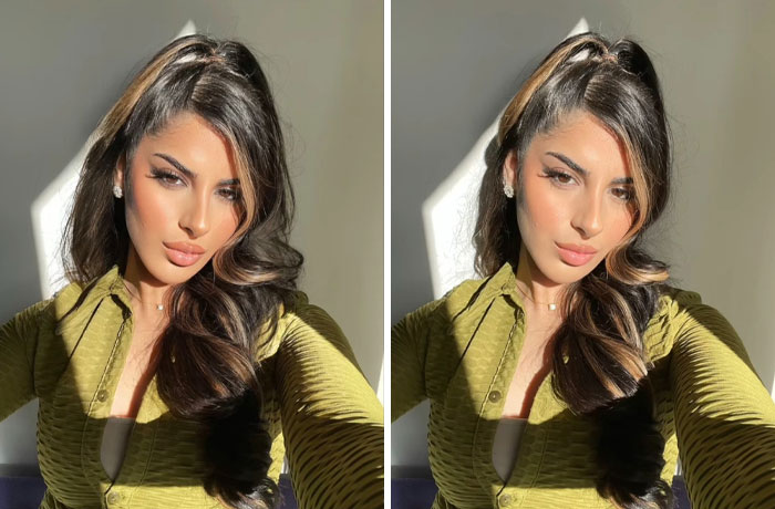 Mujer sonriendo con maquillaje y cabello estilizado en dos fotos lado a lado ejemplo de gente editando demasiado sus fotos.