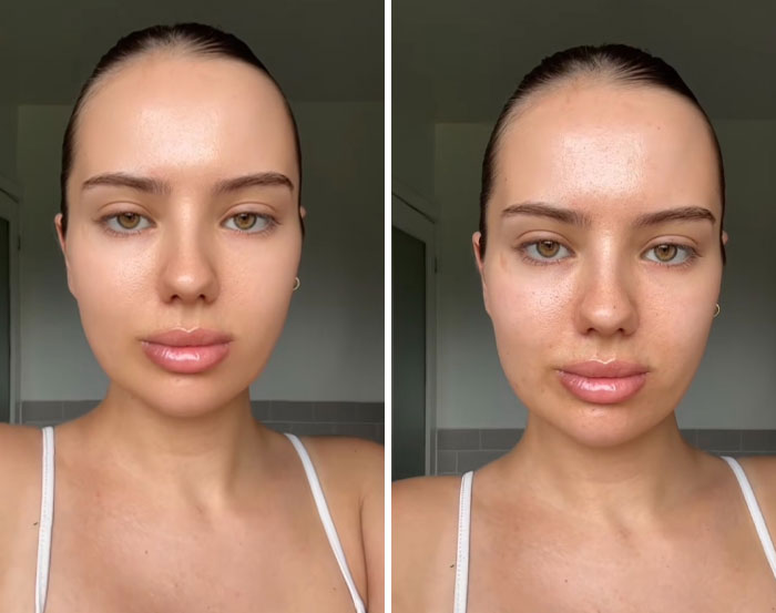 Comparación de selfies mostrando efectos de editar demasiado las fotos con cambios visibles en el rostro y piel.