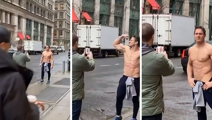 Influencers vergonzosos posando sin camiseta en la calle mientras alguien graba con un móvil en un entorno urbano.