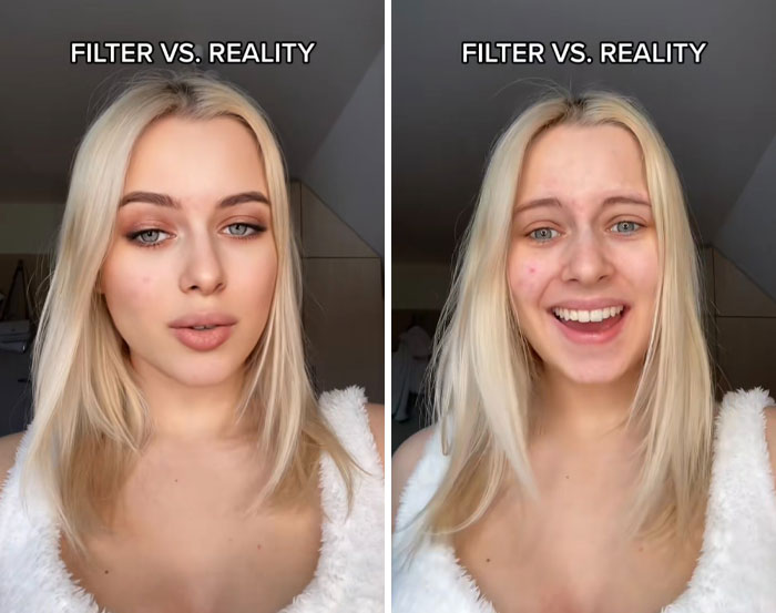 Mujer rubia mostrando comparación de foto con filtro y realidad como ejemplo de gente editando demasiado sus fotos en internet.
