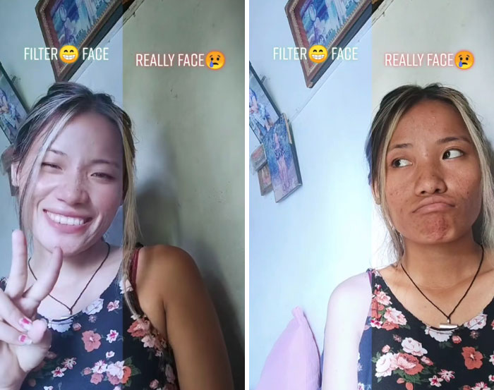 Mujer mostrando diferencia entre rostro con filtro y rostro real, ejemplo de editar demasiado fotos en internet.