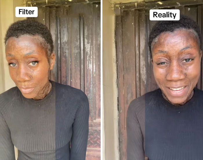 Mujer con filtro y sin filtro mostrando ejemplos de gente editando demasiado sus fotos en internet.