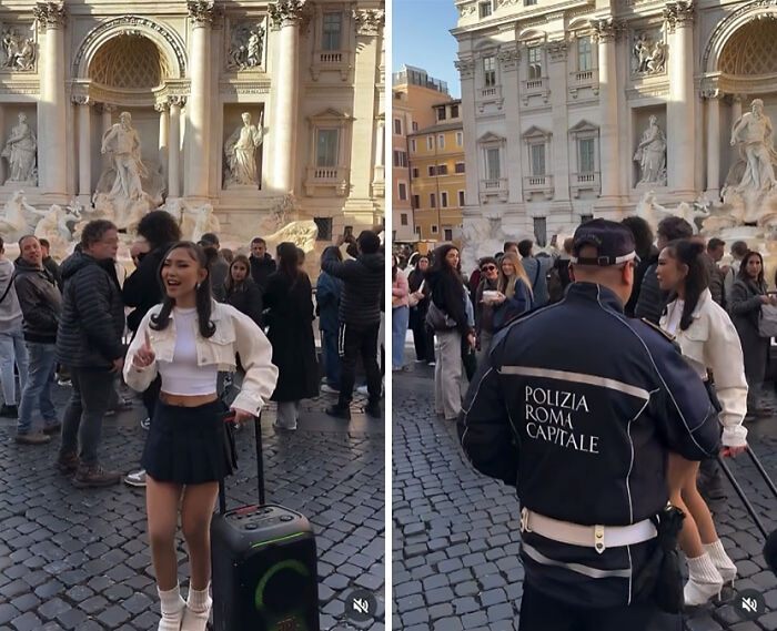 Influencer discutiendo con policía frente a fuente histórica en Roma, generando polémica por falta de sentido común y moral.
