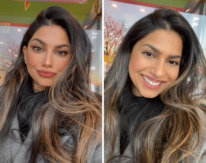 Mujer con edición excesiva en sus fotos, mostrando cambios visibles en rasgos faciales y piel en selfies.