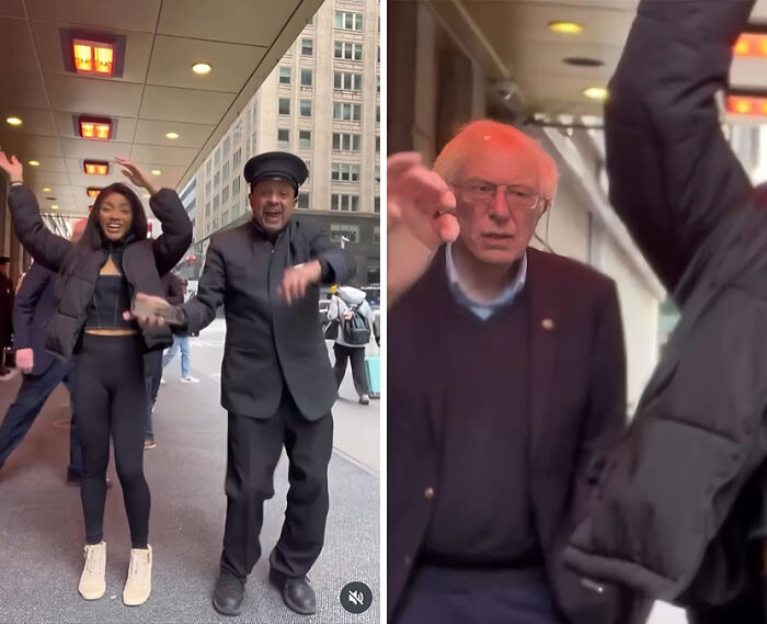 Pareja bailando en la calle junto a hombre mayor en ambiente urbano, mostrando influencers vergonzosos dejando de lado sentido común.
