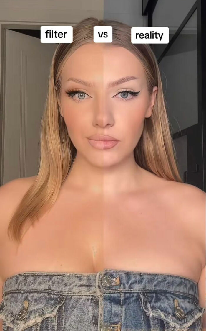Mujer mostrando comparación de filtro y realidad, ejemplo de gente editando demasiado sus fotos en internet.