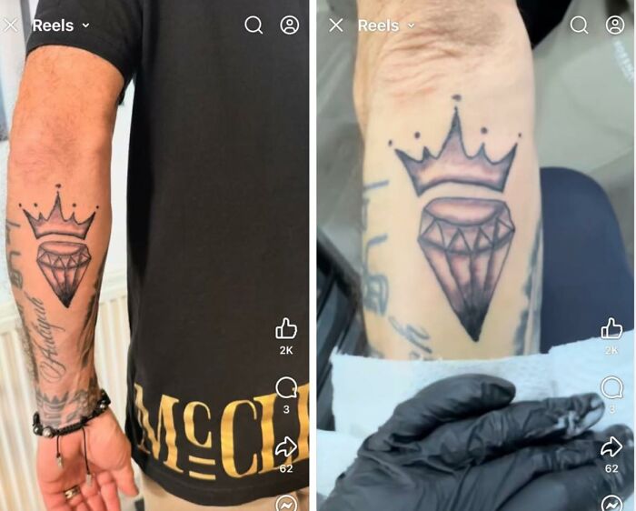 Tatuaje de diamante con corona mal realizado en brazo de hombre, ejemplo de tatuajes horribles difíciles de borrar.