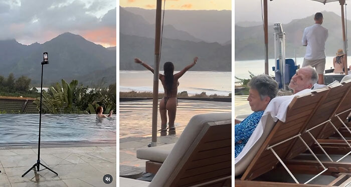 Influencers vergonzosos tomando fotos y videos junto a piscina con montañas al fondo en atardecer sin sentido común ni moral.