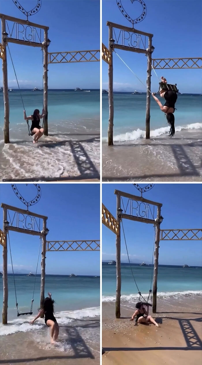 Influencer en columpio de playa sufre caída mientras graba contenido, mostrando momentos vergonzosos sin sentido común.