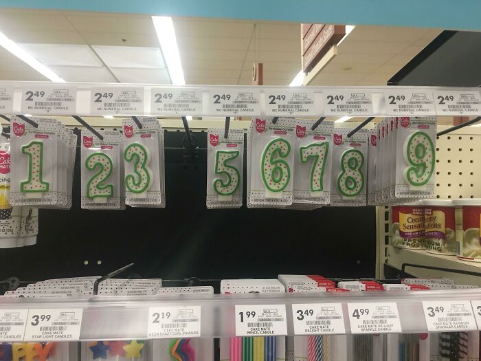 Velas de números para pastel en tienda, mostrando números del 1 al 9, padres y madres en situaciones difíciles.