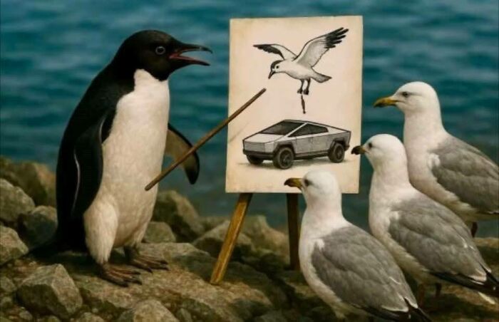 Pingüino dando clase a gaviotas con memes impactantes y crudas verdades sobre un coche futurista en la playa.