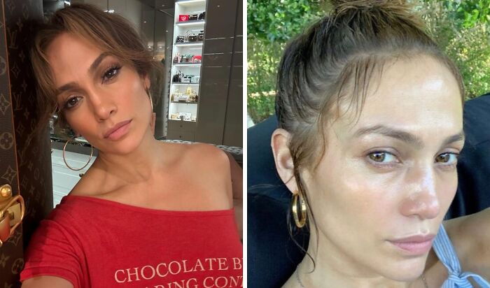 Jennifer Lopez en dos fotos, una con maquillaje y otra sin maquillaje, mostrando su aspecto natural y belleza real.