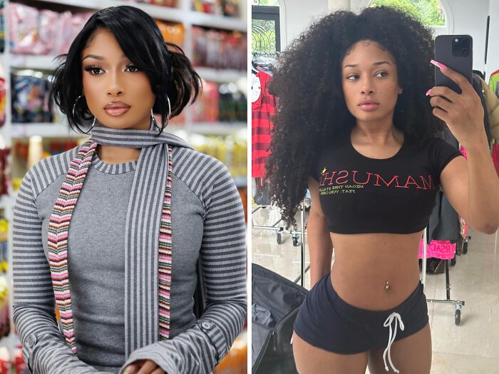 Dos mujeres famosas, una con maquillaje y ropa casual, otra sin maquillaje mostrando su look natural y cabello rizado.