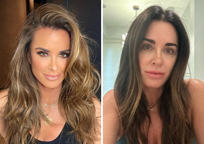Mujer mostrando comparación de fotos con y sin maquillaje, demostrando aspecto natural de celebridades sorprendentes.