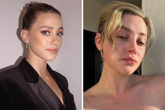Actriz en fotos comparativas, una con maquillaje formal y otra sin maquillaje mostrando su aspecto natural sin filtros.